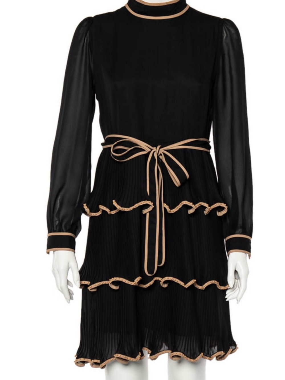 RED Valentino Black Long-Sleeve Pleated Dress with Tan Trim